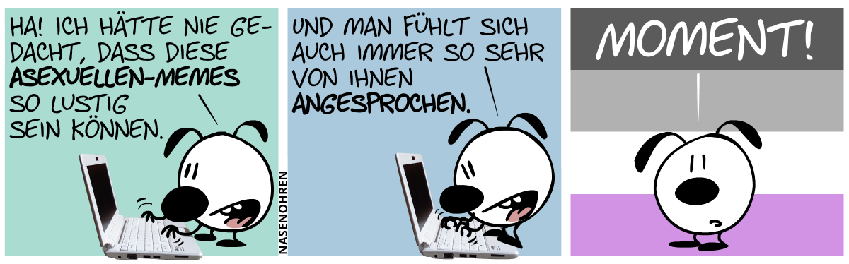 Eumel tippt auf einem Laptop und sagt: „Ha! Ich hätte nie gedacht, dass diese Asexuellen-Memes so lustig sein können.“ / „Und man fühlt sich auch immer so sehr von ihnen angesprochen.“ / Mimi guckt plötzlich verdutzt zum Leser und sagt „Moment!“. Der Hintergrund besteht nun aus 4 horizontalen Streifen in schwarz, grau, weiß und lila.