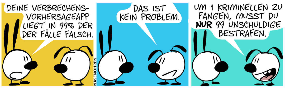 Mimi sagt zu Eumel: „Deine Verbrechensvorhersageapp liegt in 99% der Fälle falsch.“ / Eumel: „Das ist kein Problem.“ / „Um 1 Kriminellen zu fangen, musst du nur 99 Unschuldige bestrafen.“