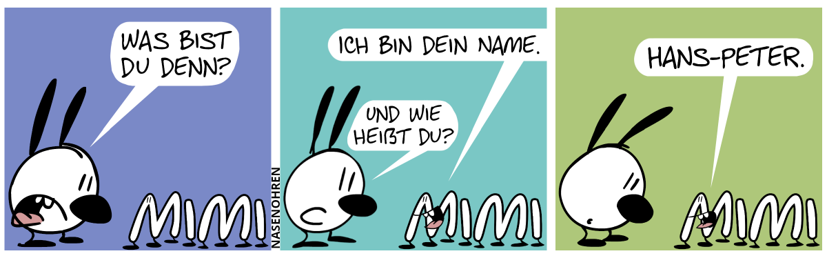 Vor Mimi steht das Wort „Mimi“, welches Beine und Augen hat. Mimi: „Was bist du denn?“. Das Wort sagt: „Ich bin dein Name.“. Mimi: „Und wie heißt du?“ / Das Wort sagt: „Hans-Peter.“