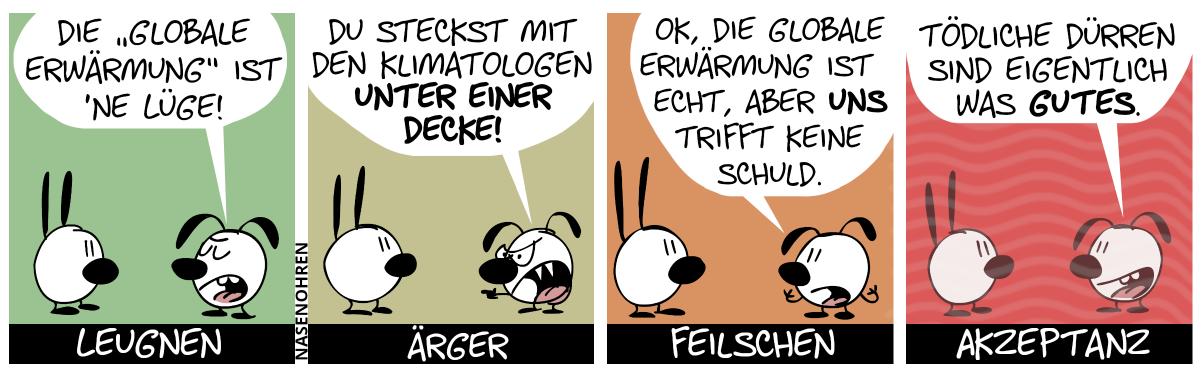 Leugnen. Eumel sagt zu Mimi: „Die ‚globale Erwärmung‘ ist ’ne Lüge!“ / Ärger. Eumel brüllt Mimi wütend an: „Du steckst mit dem Klimatologen unter einer Decke!“ / Feilschen. Eumel sagt: „OK, die globale Erwärmung ist echt, aber uns trifft keine Schuld.“ / Akzeptanz. Eumel sagt: „Tödliche Dürren sind eigentlich was Gutes.“