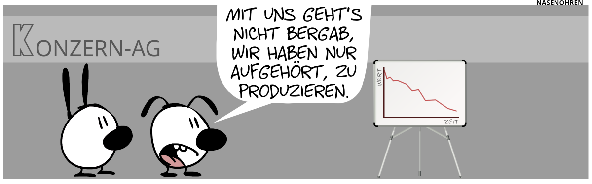 In der Konzern-AG gucken Mimi und Eumel auf ein Diagramm, das einen fallenden Firmenwert zeigt. Eumel: „Mit uns geht’s nicht bergab, wir haben nur aufgehört, zu produzieren.“