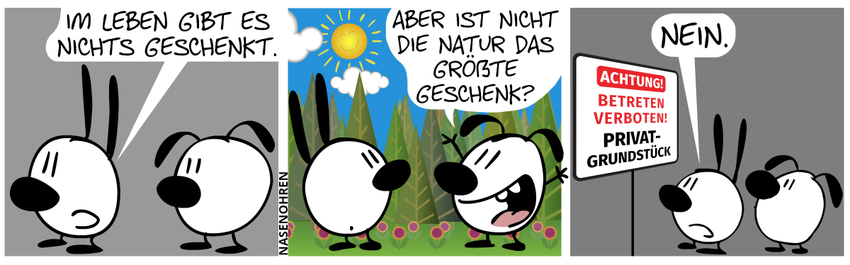 Mimi sagt: „Im Leben gibt es nichts geschenkt.“ / Eumel sagt fröhlich, mit einer sonnigen Waldlandschaft im Hintergrund: „Aber ist nicht die Natur das größte Geschenk?“ / Mimi sagt: „Nein.“. Mimi und Eumel schauen auf ein Schild, auf dem steht: „ACHTUNG! Betreten verboten! Privatgrundstück“