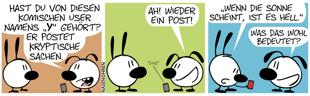 Eumel sagt zu Mimi: „Hast du von diesen komischen User namens ‚Y‘ gehört? Er postet kryptische Sachen.“ / Das Smartphone macht „Ding!“. Eumel: „Ah! Wieder ein Post!“ / Mimi liest vom Smartphone ab: „‚Wenn die Sonne scheint, ist es hell.‘“ / Eumel: „Was das wohl bedeutet?“