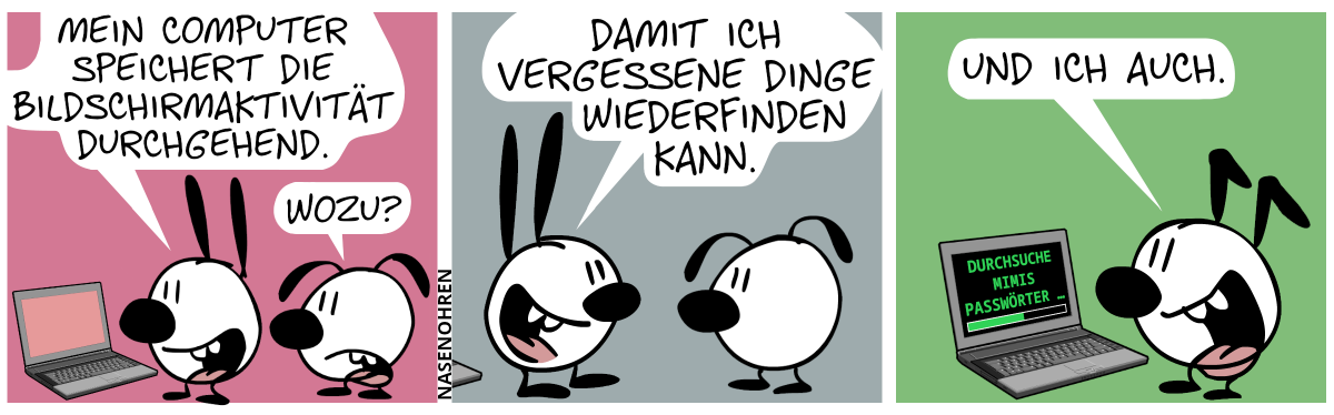 Mimi und Eumel stehen vor einem Laptop. Mimi: „Mein Computer speichert die Bildschirmaktivität durchgehened.“. Eumel: „Wozu?“ / Mimi: „Damit ich vergessene Dinge wiederfinden kann.“ / Szenenwechsel. Keno steht alleine vor einem Laptop und sagt: „Und ich auch.“. Auf dem Bildschirm steht: „Durchsuche Mimis Passwörter …“