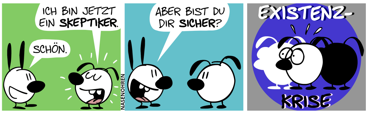 Eumel sagt stolz: „Ich bin jetzt ein Skeptiker.“. Mimi: „Schön.“ / Mimi: „Aber bist du dir sicher?“ / Eumel guckt nervös und hat eine Existenzkrise.