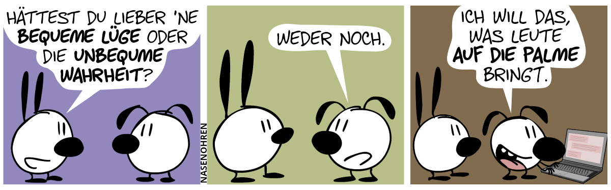 Mimi fragt Eumel: „Hättest du lieber ’ne bequeme Lüge oder die unbequeme Wahrheit?“ / Eumel: „Weder noch.“ / Eumel dreht sich um und tippt etwas am Laptop ein. Eumel sagt: „Ich will das, was Leute auf die Palme bringt.“