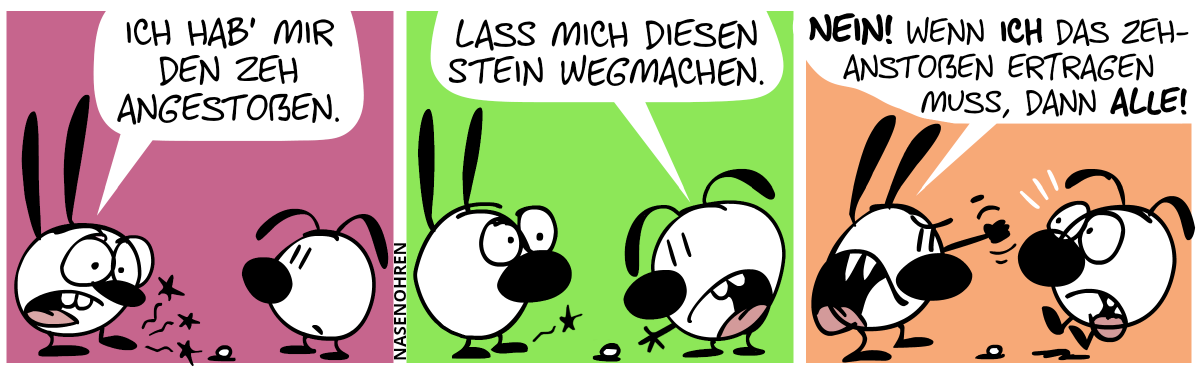 Mimi fühlt Schmerzen und sagt zu Eumel: „Ich hab mir den Zeh angestoßen.“ / Eumel zeigt auf einen Stein und sagt: „Lass mich diesen Stein wegmachen.“ / Mimi erhebt wütend die Faust und brüllt Eumel an: „Nein! Wenn ich das Zeh-Anstoßen ertragen muss, dann alle!“