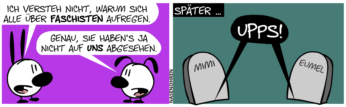 Mimi: „Ich versteh nicht, warum sich alle über Faschisten aufregen.“. Eumel: „Genau, sie haben’s ja nicht auf uns abgesehen.“ / Später … Mimi und Eumel wurden durch Grabsteine ersetzt. Aus den Gräbern schallt es: „Upps!“