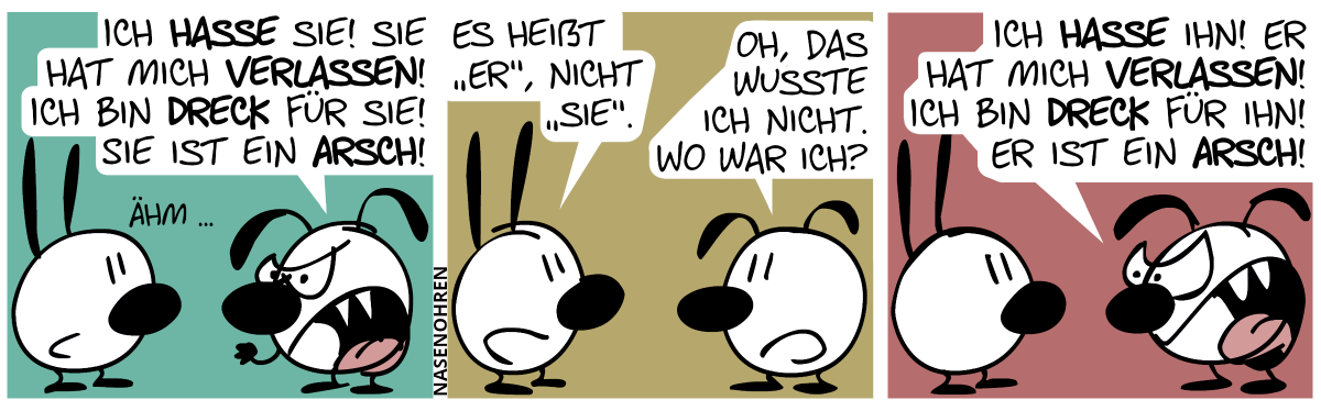 Eumel ist wütend: „Ich hasse sie! Sie hat mich verlassen! Ich bin Dreck für sie! Sie ist ein Arsch!“. Mimi: „Ähm …“ / „Es heißt ‚er‘, nicht ‚sie‘.“. Eumel beruhigt sich: „Oh, das wusste ich nicht. Wo war ich?“ / Eumel rastet wieder aus: „Ich hasse ihn! Er hat mich verlassen! Ich bin Dreck für ihn! Er ist ein Arsch!“