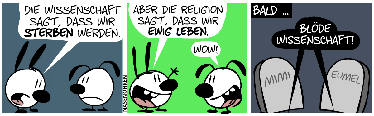 Mimi ist traurig und sagt zu Eumel: „Die Wissenschaft sagt, dass wir sterben werden.“ / Dann sagt Mimi enthusiastisch: „Aber die Religion sagt, dass wir ewig leben.“. Eumel: „Wow!“ / Bald … Mimi und Eumel liegen unter Grabsteinen. Dunkle Stimmen aus den Gräbern ertönen: „Blöde Wissenschaft!“