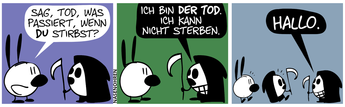 Mimi steht vor jemanden in schwarzer Kutte mit einer Sense in der Hand: „Sag, Tod, was passiert, wenn du stirbst?“ / Die Antwort: „Ich bin der Tod. Ich kann nicht sterben.“ / Plötzlich schrecken Mimi und der Tod auf. Hinter dem Tod taucht jemand anderes mit schwarzer Kutte und Sense auf und sagt: „Halllo.“