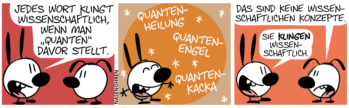 Mimi sagt zu Eumel: „Jedes Wort klingt wissenschaftlich, wenn man ‚Quanten‘ davor stellt.“ / Mimi nennt begeistert ein paar Beispiele: „Quantenheilung“, „Quantenengel“, „Quantenkacka“ / Eumel: „Das sind keine wissenschaftlichen Konzepte.“. Mimi: „Sie klingen wissenschaftlich.“