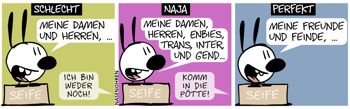 Schlecht: Mimi steht auf einer Seifenkiste und spricht: „Meine Damen und Herren, …“. Aus dem Off: „Ich bin weder noch!“ / Naja: Mimi steht auf einer Seifenkiste und spricht: „Meine Damen, Herren, Enbies, trans, inter, und gend…“. Aus dem Off: „Komm in die Pötte!“ / Perfekt: Mimi steht auf einer Seifenkiste und spricht: „Meine Freunde und Feinde, …“