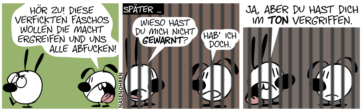 Eumel brüllt eine genervte Mimi an, die weg geht: „Hör zu! Diese verfickten Faschos wollen die Macht ergreifen und uns alle abfucken!“ / Später … Mimi und Eumel sind im Gefängnis gelandet. Mimi: „Wieso hast du mich nicht gewarnt?“. Eumel: „Hab’ ich doch.“ / Mimi: „Ja, aber du hast dich im Ton vergriffen.“