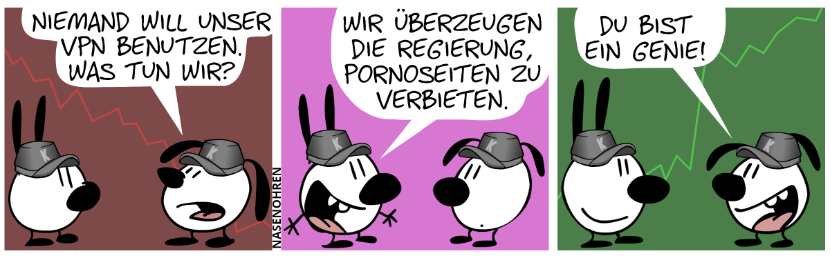 Mimi und Eumel tragen je eine graue Mütze mit dem Buchstaben „K“ drauf. Eumel sieht sich ein Diagramm an, das einen Abwärtstrend zeigt. Eumel: „Niemand will unser VPN benutzen. Was tun wir?“ / Mimi: „Wir überzeugen die Regierung, Pornoseiten zu verbieten.“ / Das Diagramm zeigt nun einen Aufwärtstrend und Mimi und Eumel lächeln. Eumel: „Du bist ein Genie!“