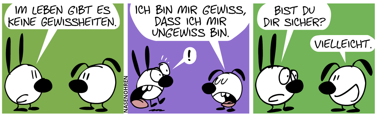 Mimi: „Im Leben gibt es keine Gewissheiten.“ / Eumel: „Ich bin mir gewiss, dass ich mir ungewiss bin.“. Mimi schreckt hoch. / Mimi: „Bist du dir sicher?“. Eumel: „Vielleicht.“