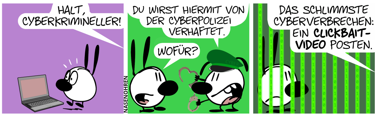 Mimi steht am Laptop, aber eine Stimme aus dem Off ruft: „Halt, Cyberkrimineller!“ / Eumel taucht mit einer grünen Mütze mit der Aufschrift „Cyber“ auf und hält Handschellen bedrohlich vor Mimis Nase. Eumel: „Du wirst hiermit von der Cyberpolizei verhaftet.“. Mimi: „Wofür?“ / Eumel steht nun im Cybergefängnis, mit Gitterstäben aus Einsen und Nullen. Eine Stimme sagt: „Das schlimmste Cyberverbrechen: Ein Clickbait-Video posten.“