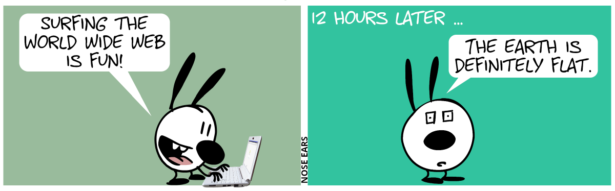 Mimi sits at a laptop. Mimi: “Surfing the World Wide Web is fun!” / 12 hours later. Mimi has squares for eyes and says: “The Earth is definitely flat.”