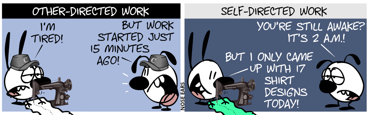 Title: Other-directed work. Mimi and Eunice wear a cappy with the letter “C” on it. Mimi works at a sewing machine and is tired. Mimi: “I’m tired!” / Eunice shouts: “But work started just 15 minutes ago!” / Title: Self-directed work. The cappies are gone. Mimi works again at the sewing machine but looks fit and happy now. Eunice is tired. Eunice: “You’re still awake? It’s 2 a.m.!”, Mimi: “But I only came up with 17 shirt designs today!”