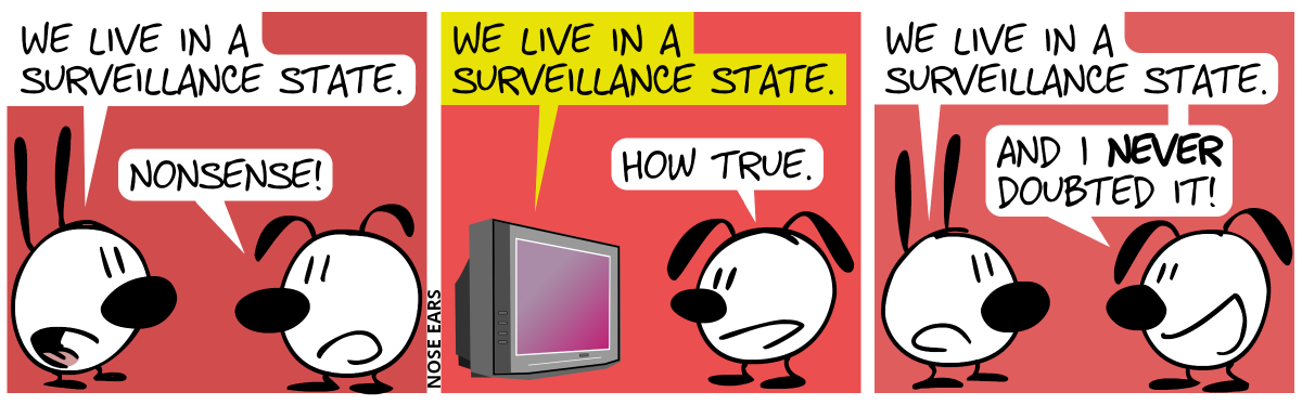 Mimi: “We live in a surveillance state.”. Eunice: “Nonsense!” / The TV: “We live in a surveillance state.”. Eunice: “How true.” / Mimi and Eunice: “We live in a surveillance state.”. Eunice: “And I never doubted it!”