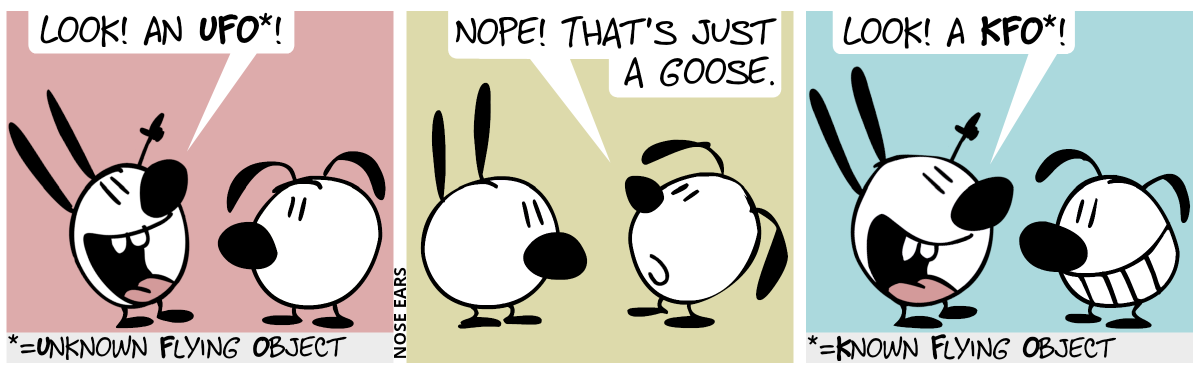 Mimi points to the sky: “Look! An UFO!” (Unknown Flying Object) / Eunice looks to the sky, saying: “Nope! That’s just a goose.” / Mimi points to the sky again: “Look! A KFO!” (Known Flying Object)”