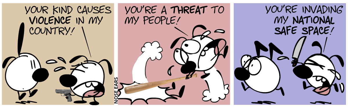 Eunice points a gun at Poppy and cries. Eunice says: “Your kind causes violence in my country!” / Eunice smashes someone with a baseball bat, still crying. Eunice: “You’re a threat to my people!” / Eunice, crying, chases after Keno with a knife, saying: “You’re invading my national safe space!”