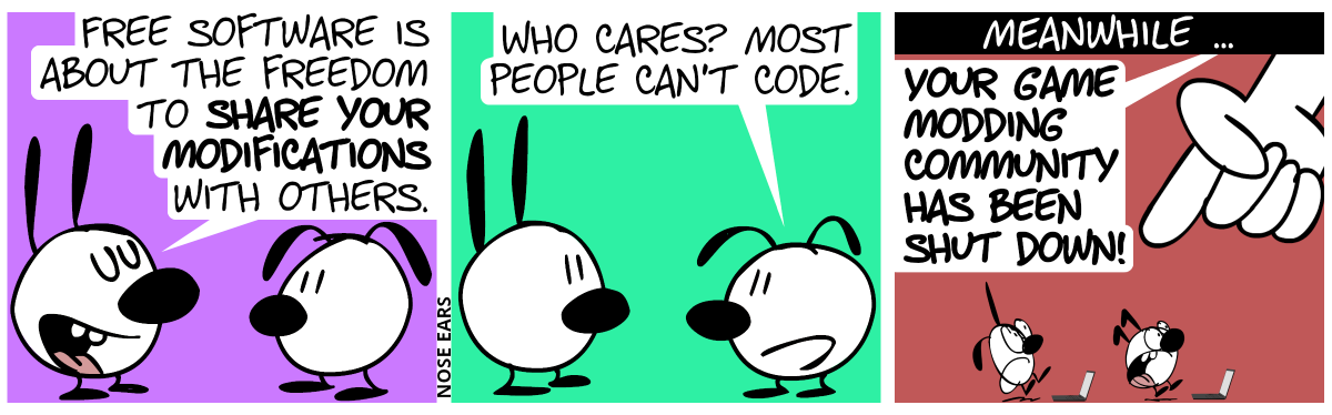 Mimi: “Free software is about the freedom to share your modifications with others.” / Eunice: “Who cares? Most people can’t code!” / Meanwhile, while Keno and Poppy are coding on their laptops, a huge hand emerges from above: “Your game modding community has been shut down!”