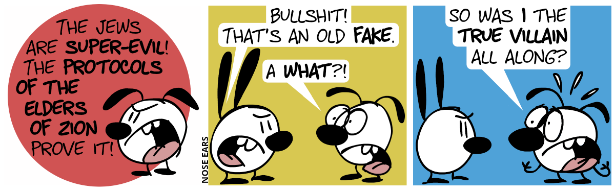 Eunice shouts angrily: “The Jews are super-evil! The Protocols of the Elders of Zion prove it!” / Mimi replies angrily: “Bullshit! That’s an old fake!”. Eunice is distressed: “A what?!” / Eunice is freaking out: “So was I the true villain all along?”