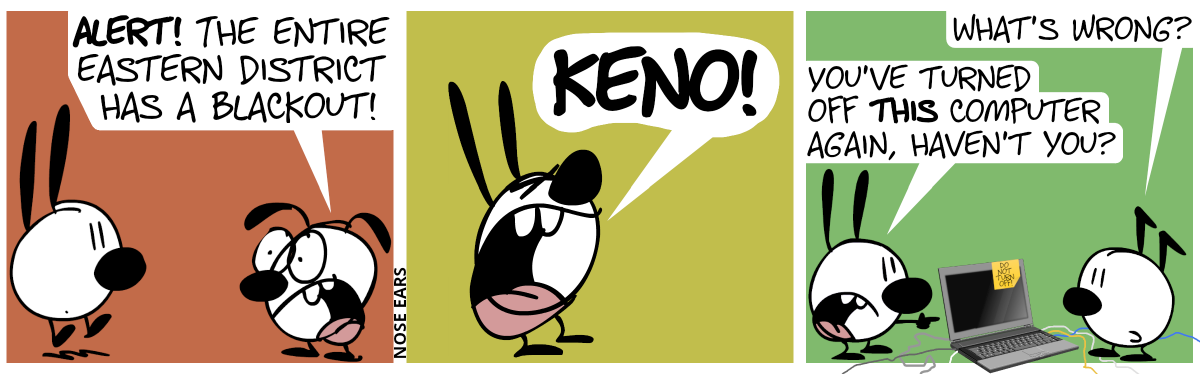 Eunice shouts to Mimi in panic: “Alert! The entire Eastern District has a blackout!“ / Mimi screams: “Keno!” / Keno appears and meets Mimi at a laptop with a lot of cables. Keno: “What’s wrong?”. Mimi points to the laptop and says: “You’ve turned off this computer again, haven’t you?”. On the laptop a small note is attached, it says: “Do not turn off!”