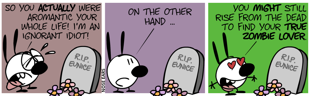 Mimi stands in front of a gravestone that says “R.I.P. Eunice”. Mimi cries and says: “So you actually were aromantic your whole life! I’m an ignorant idiot!” / Mimi stops crying. Mimi: “On the other hand …“ / Mimi now has ‘love eyes’. Mimi says dreamingly: “You might still rise from the dead to find your true zombie lover.”