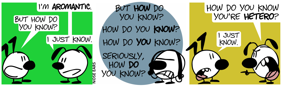 Eunice: “I’m aromantic.”. Keno: “But how do you know?”. Eunice: “I just know.” / Keno: “But how do you know? How do you know? How do you know? Seriously, how do you know?”. Eunice is really annoyed and pulls her ears. / Eunice points at Keno angrily: “How do you know you’re hetero?” / Keno: “I just know.”