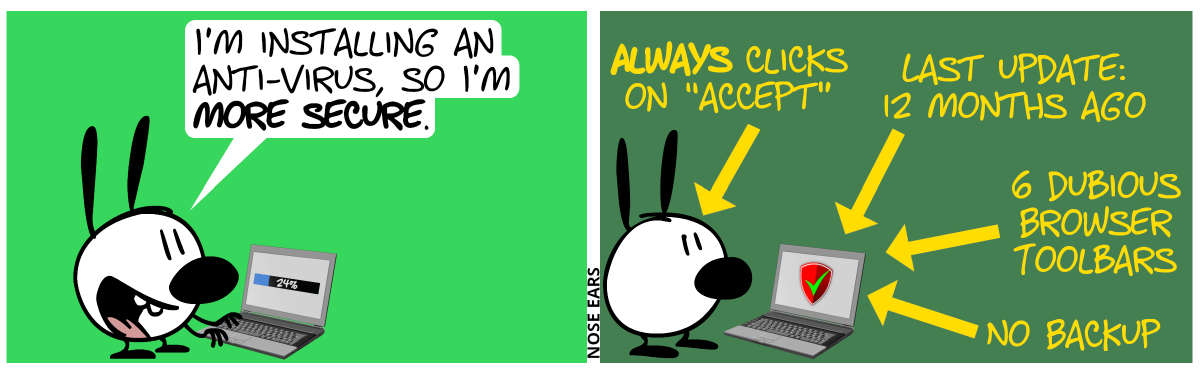Mimi sits at a laptop. “I’m installing an anti-virus, so I’m more secure.” / The panel shows several descriptive arrows. An arrow points to Mimi, saying “always clicks on ‘accept’”. Three arrows point to the laptop: “Last update: 12 month ago”, “6 dubious browser toolbars”, “no backup”.