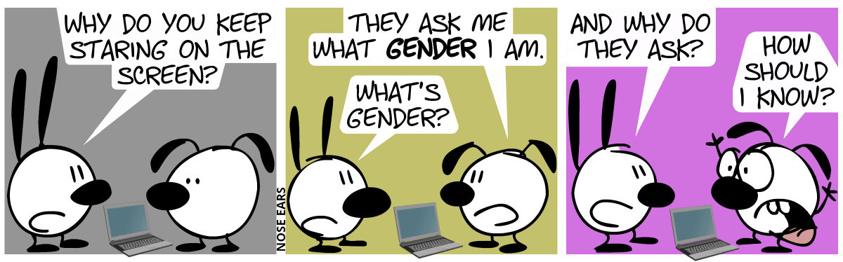 Eunice stares at a laptop. Mimi: “Why do you keep staring on the screen?” / Eunice: “They ask me what gender I am.”. Mimi: “What’s gender?” / Mimi: “And why do they ask?” / Eunice: “How should I know?”