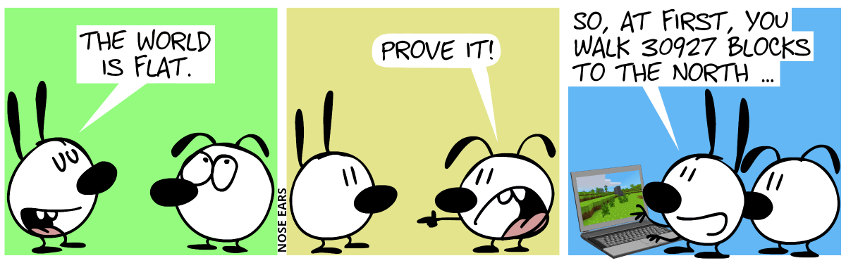 Mimi: “The world is flat.”. Eunice rolls with the eyes. / Eunice points as Mimi. Eunice: “Prove it!” / Mimi whips out a laptop and launches a game in which a world that seems to be made entirely out of cubes. Mimi and Eunice look at the screen. Mimi: “So, at first, you walk 30927 blocks to the North …”