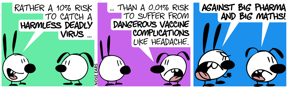 Mimi: “Rather a 10% risk to catch a harmless deadly virus …” / Eunice: “… than a 0.01% risk to suffer from dangerous vaccine complications like headache.” / Mimi and Eunice start protesting: “Against Big Pharma and Big Maths!”