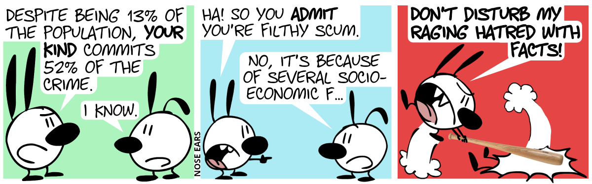 Mimi: “Despite being 13% of the population, your kind commits 52% of the crime.”. Poppy: “I know.” / Mimi: “Ha, so you admit you’re filthy scum.”. Poppy: “No, it’s because of several socio-economic f…” / Mimi smashes Poppy with a baseball bat: “Don’t disturb my raging hatred with facts!”