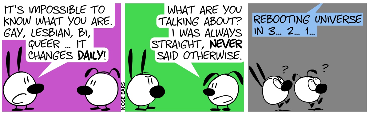 Mimi: “It’s impossible to know what you are. Gay, lesbian, bi, queer … It changes daily!”. / Eunice: “What are you talking about? I was always straight, never said otherwise.” / Suddenly, a voice from the outside starts talking; Mimi and Eunice are confused and scared. It says: “Rebooting Universe in 3… 2… 1…”