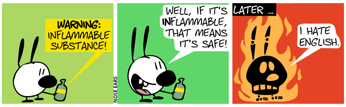 Mimi looks at a bottle with a label that says: “WARNING: Inflammable substance!” / Mimi says: “Well, if it’s inflammable, that means it’s safe!” / Later … Mimi burns. Mimi says: “I hate English.”
