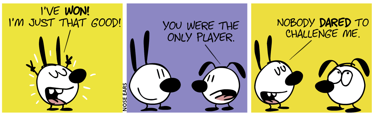 Mimi makes a victory pose. Mimi: “I’ve won! I’m just that good!” / Eunice: “You were the only player.” / Mimi: “Nobody dared to challenge me.”. Eunice rolls her eyes.
