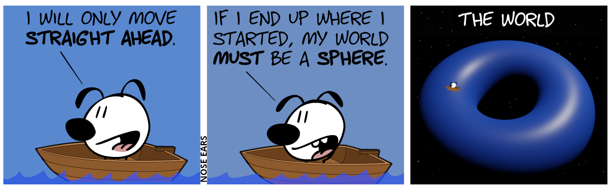 Eunice sits alone in a boat, floating on water. Eunice: “I will only move straight ahead.” / Eunice: “If I end up where I started, my world must be a sphere.” / Now the whole world is visible: A blue torus floating in space. Eunice moves towards the hole.