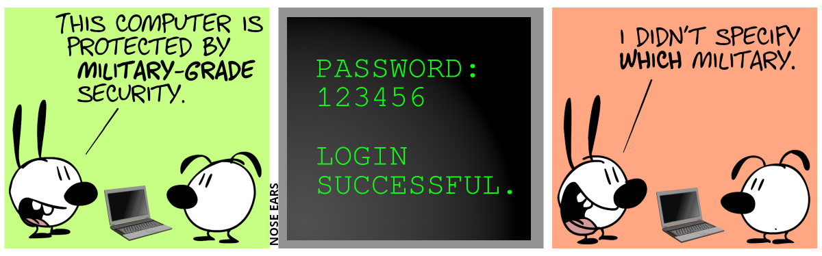 A laptop lies on the ground. Mimi: “This computer is protected by military-grade security. / The laptop screen is shown: “PASSWORD: 123456, LOGIN SUCCESSFUL.” / Mimi (happily): “I didn’t specify which military.”