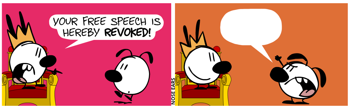 Mimi sits on a throne, wears a crown and points at Eunice. Mimi: “Your free speech is hereby revoked!” / Eunice angrily raises her fist, opens her mouth and tries to talk, but she doesn’t make any sound. Mimi smiles.”