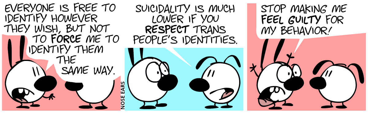 Mimi: “Everyone is free to identify however they wish, but not to force me to identify them the same way.” / Eunice: “Suicidality is much lower if you respect trans people’s identities.” / Mimi: “Stop making me feel guilty for my behavior!”