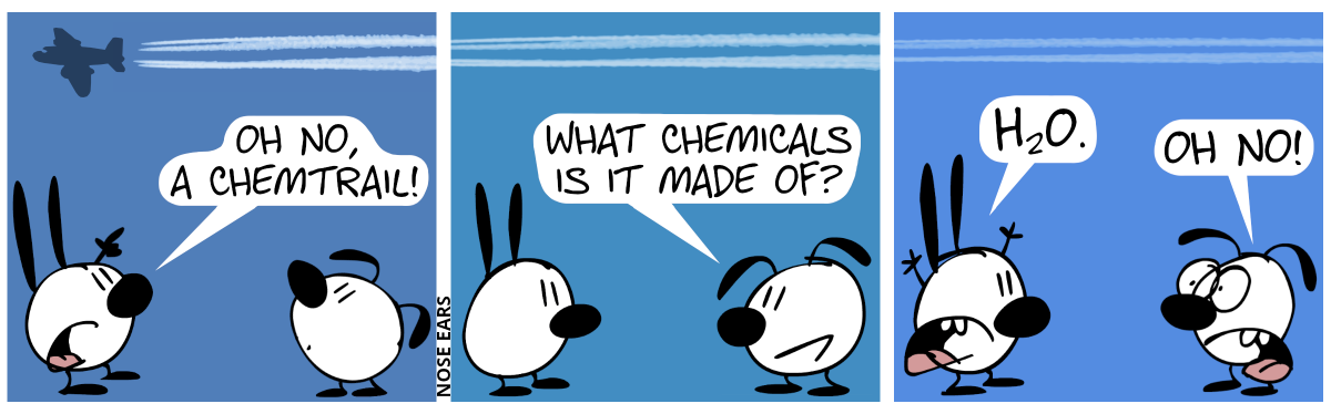 An airplane flies above the heads of Mimi and Eunice, leaving a trail behind (A contrail? A chemtrail? Only THEY know!). Both look at that trail. Mimi points at it and shouts: “Oh no, a chemtrail!” / Eunice: “What chemicals is it made of?” / Mimi throws up her hands in the air. Mimi: “H₂O.”. Eunice replies in shock: “Oh no!”.