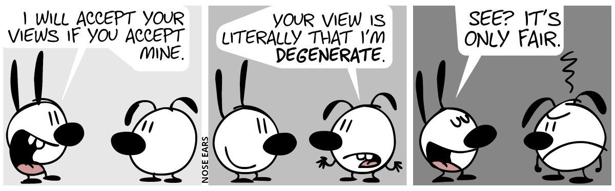 Mimi: “I will accept your views if you accept mine.” / Eunice: “Your view is literally that I’m degenerate.” / Mimi: “See? It’s only fair.”. Eunice is visibly angry.