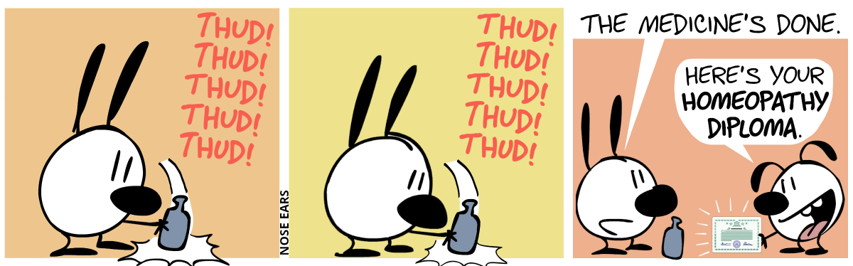 Mimi holds a blue bottle in hand and slams it 5 times on the ground. Thud! Thud! Thud! Thud! Thud! / Mimi does it again. Thud! Thud! Thud! Thud! Thud! / Eunice appears. Mimi looks at Eunice and says: “The medicine’s done.”. Eunice smiles and shows a piece of paper to Mimi. Eunice: “Here’s your homeopathy diploma.”