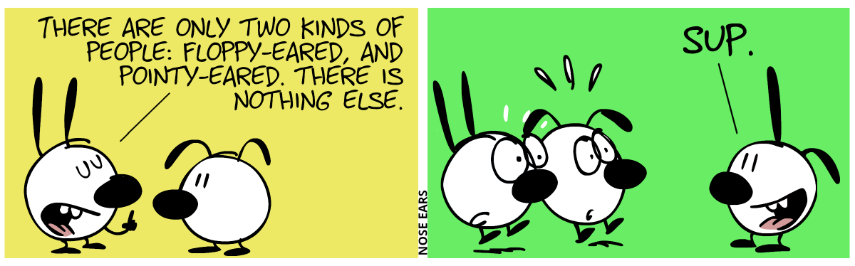 Mimi says to Eunice: “There are only two kinds of people: Floppy-eared and pointy-eared. There is nothing else.” / Mimi and Eunice are shocked as suddenly a third character appears out of nowhere, saying only “Sup.”. They have one floppy ear and one pointy ear.