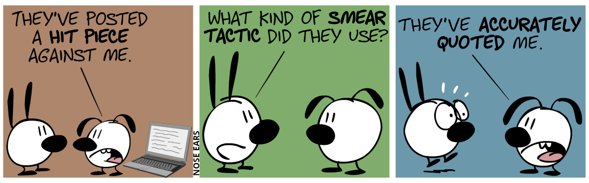 Behind Eunice, there’s a laptop. Eunice says to Mimi: “They’ve posted a hit piece against me.” / Mimi: “What kind of smear tactic did they use?” / Eunice: “They’ve accurately quoted me.”. Mimi jumps up in shock.