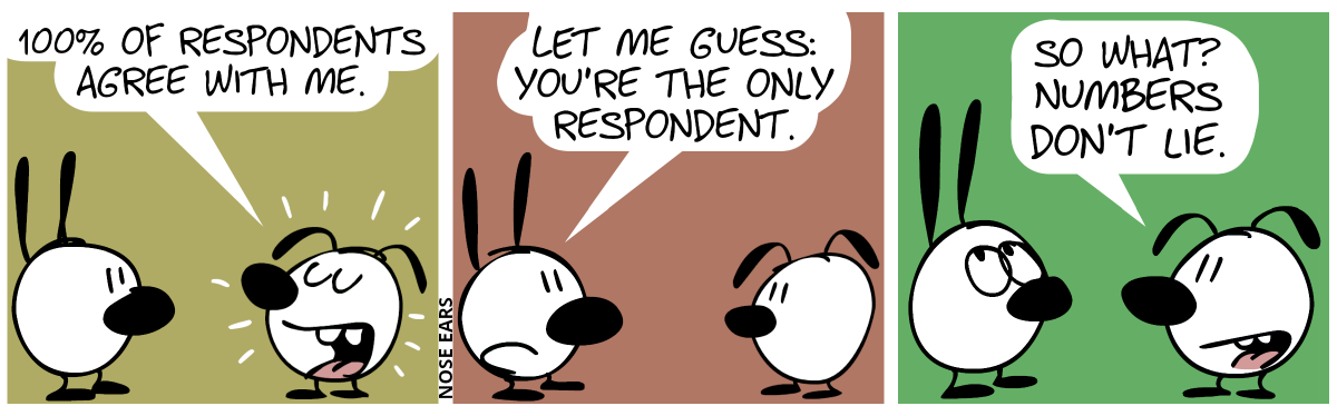 Eunice proudly says: “100% of respondents agree with me.” / Mimi: “Let me guess: You’re the only respondent.” / Eunice: “So what? Numbers don’t lie.”. Mimi rolls with his eyes.