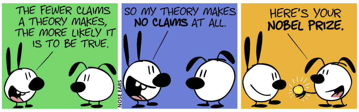 Mimi says to Eunice: “The fewer claims a theory makes, the more likely it is to be true.” / Mimi: “So my theory makes no claims at all.” / Eunice shows a golden medal to Mimi. Eunice: “Here’s your Nobel Prize.”. Both smile.